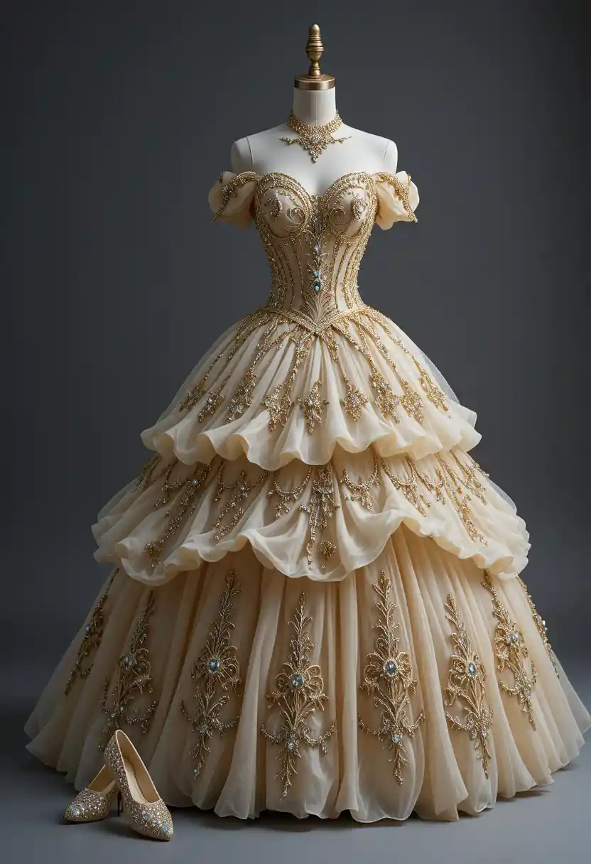 Abito da ballo stile Cenerentola tempestato di gioielli su manichino ornamentale