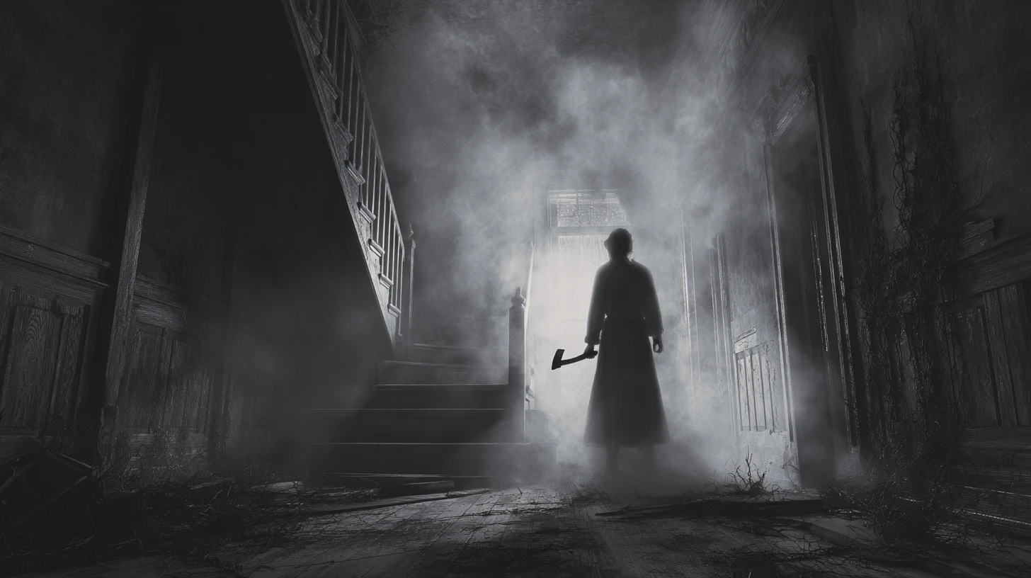 Lone explorer confronting ghost on stairs in old mansion