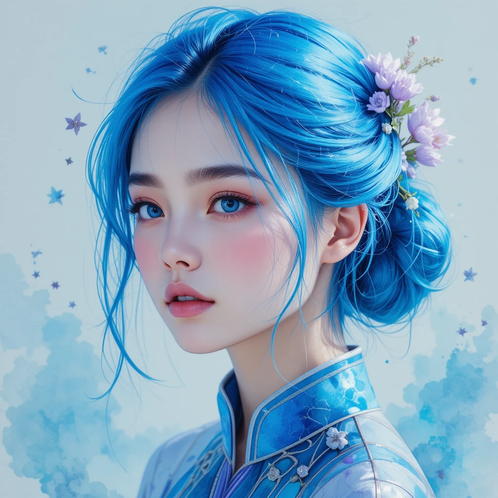 Blue haired girl portrait in dreamy watercolor style