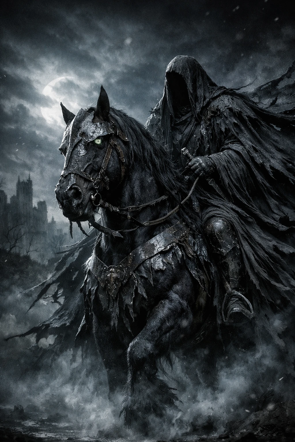 Dark hooded rider on a black warhorse in moonlit ruins