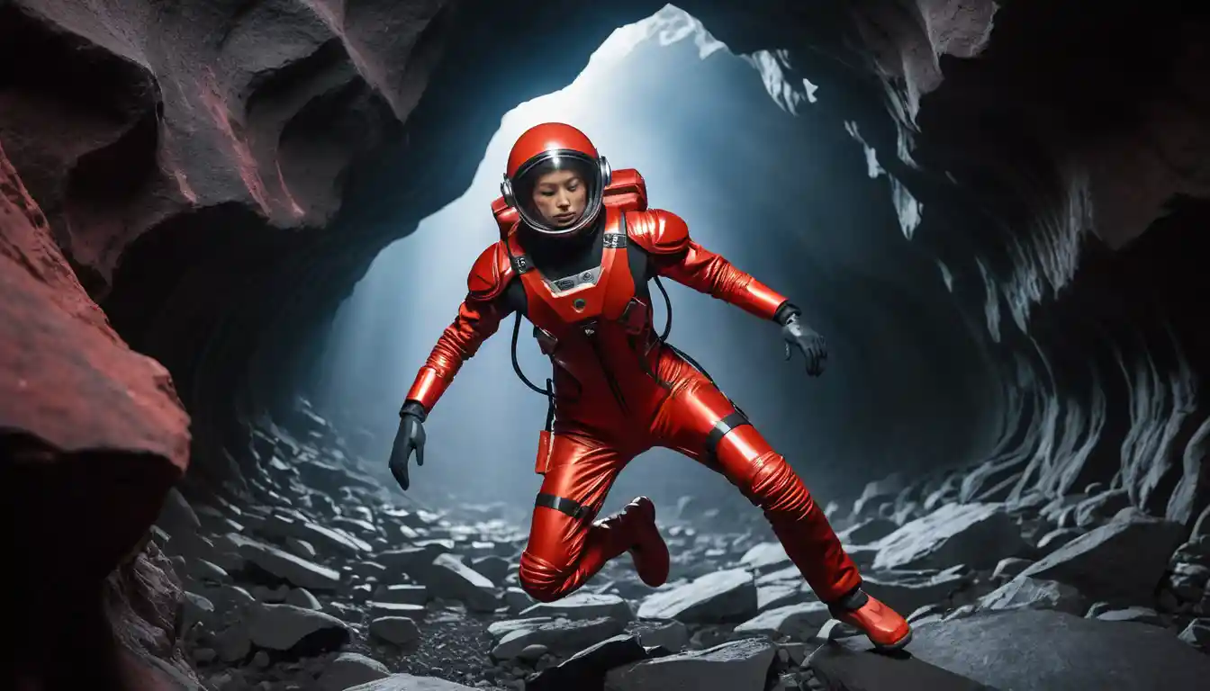 Young woman in red spacesuit floating in basalt cave