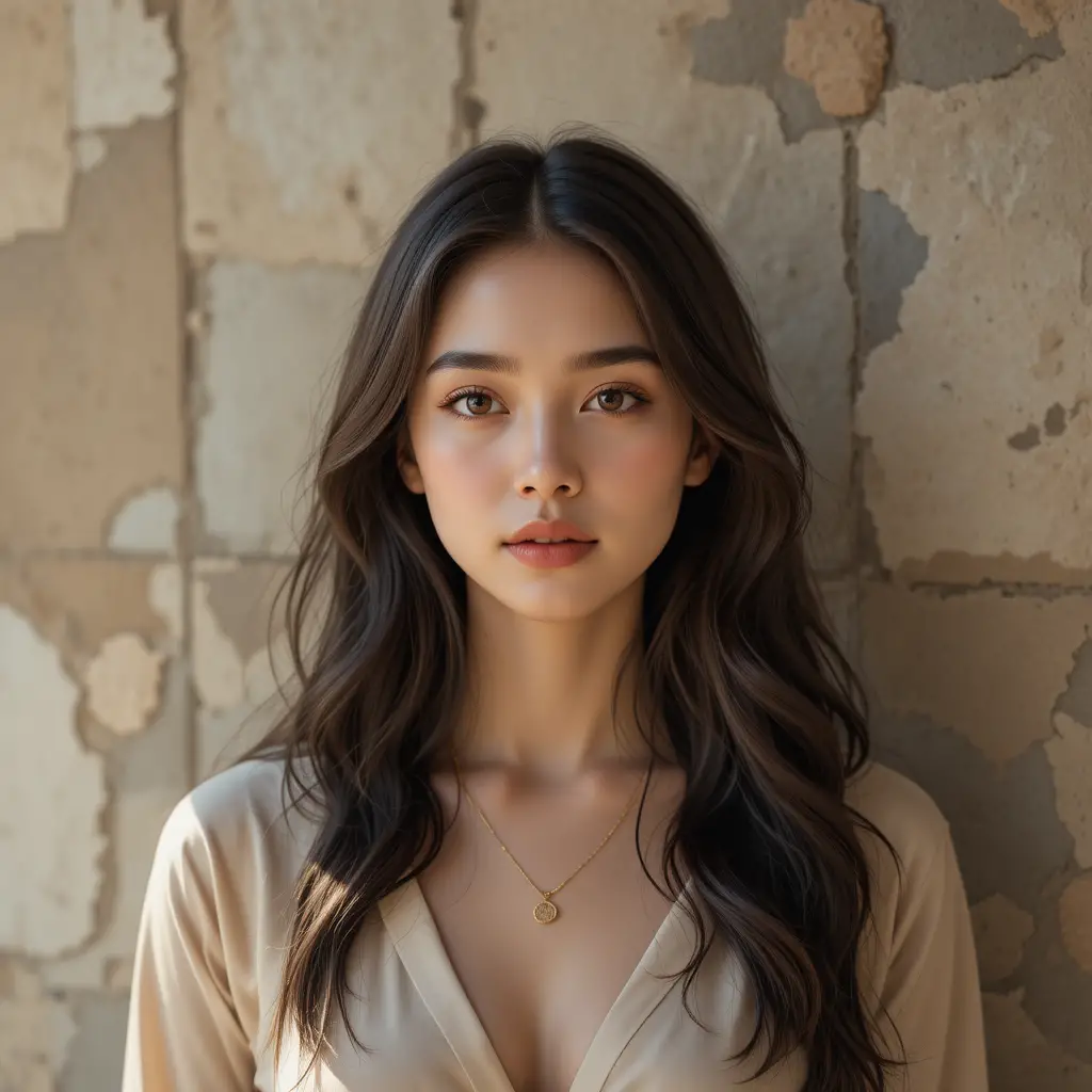 Young woman in warm cinematic portrait against textured wall