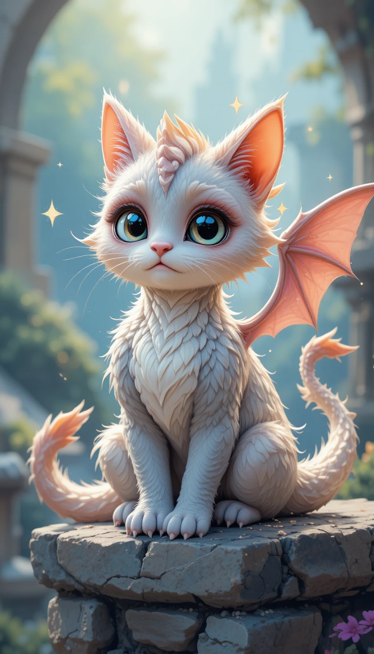 Cute cat dragon hybrid on a stone ledge illustration
