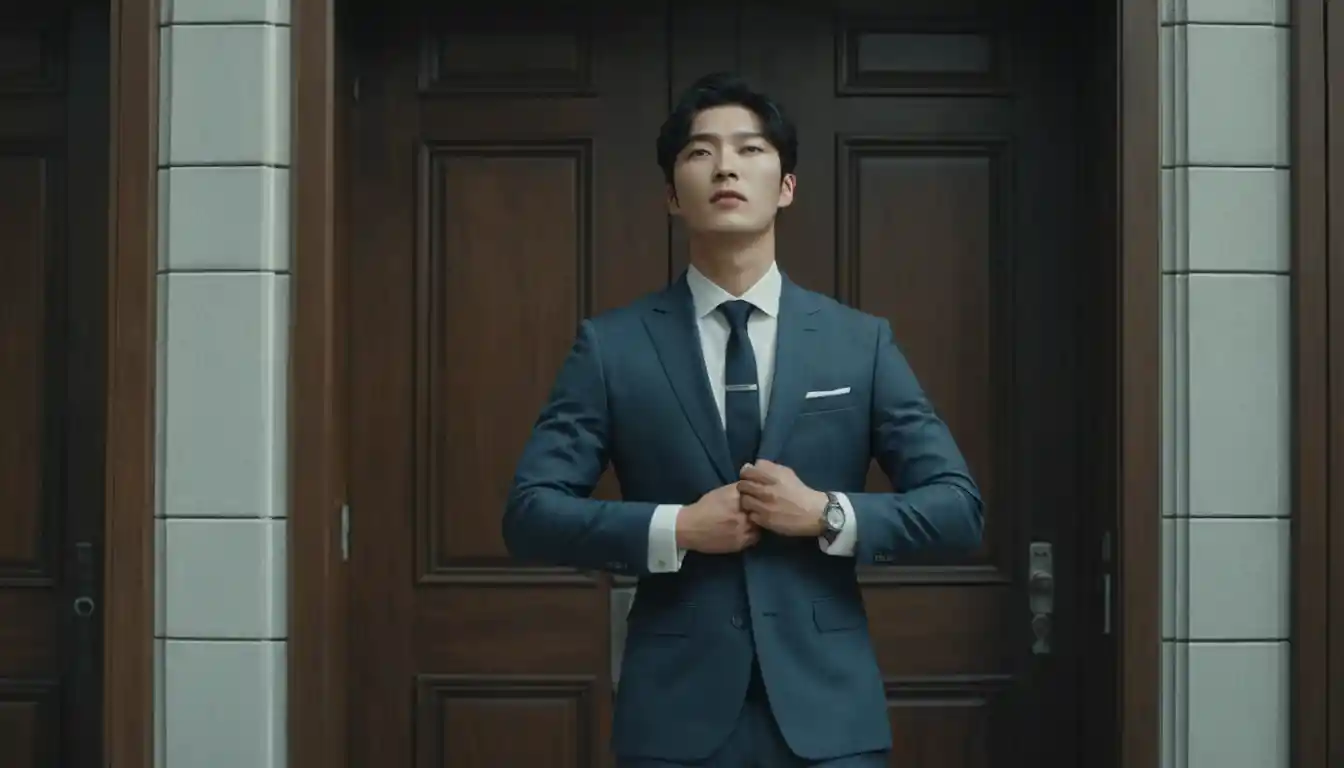 Korean businessman in suit waiting at conference room doors