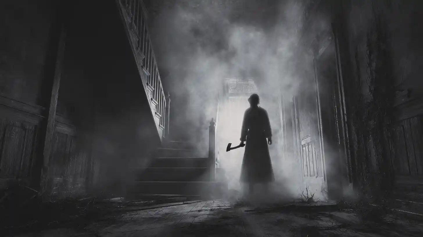 Explorador solitario enfrentando a un fantasma en la escalera de una vieja mansión