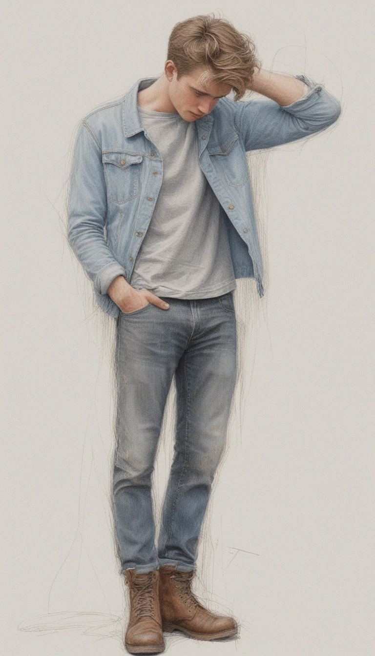 Disegno a matita a figura intera di giovane con giacca di jeans