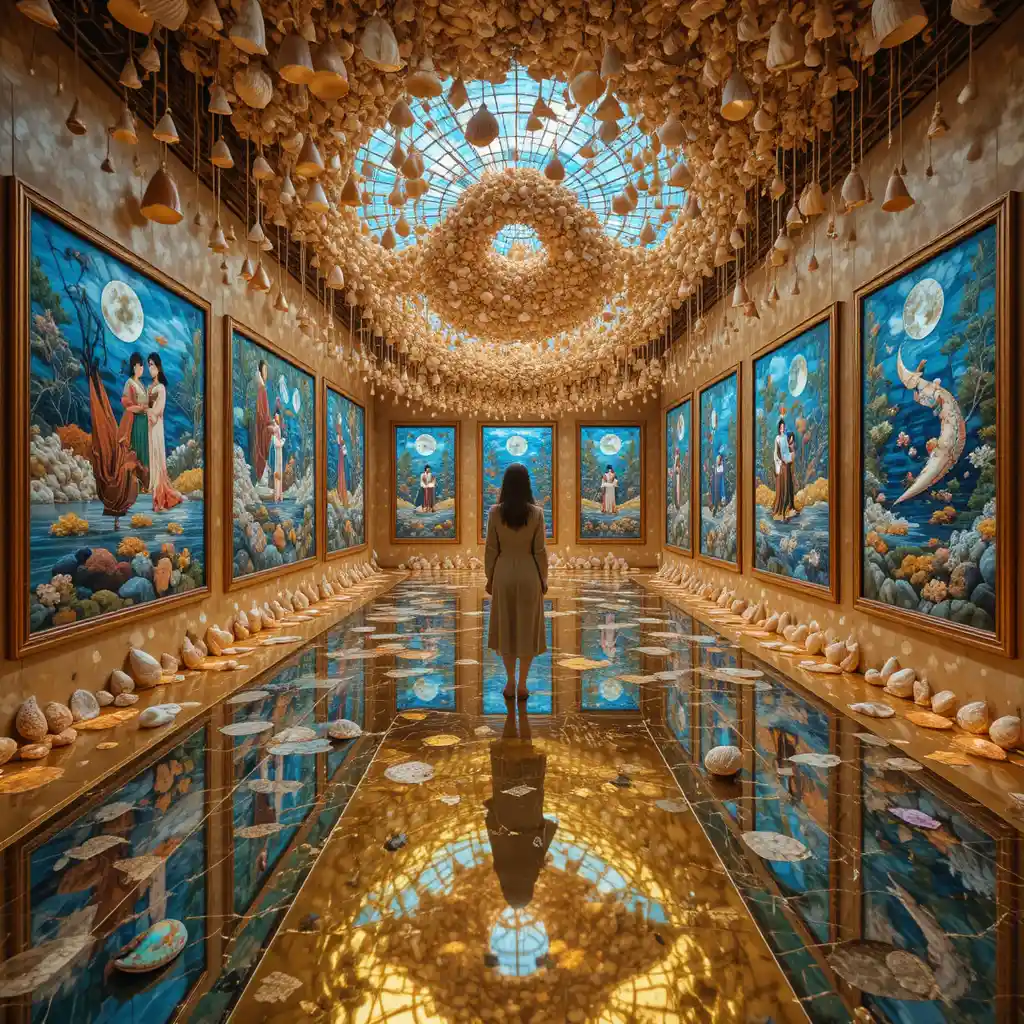 Visitors enter a reflective gold floor installation in an art gallery