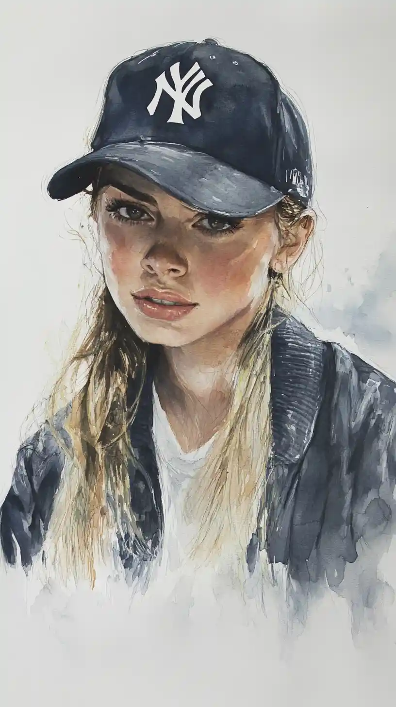 Mixed media bust portrait of confident girl in cap