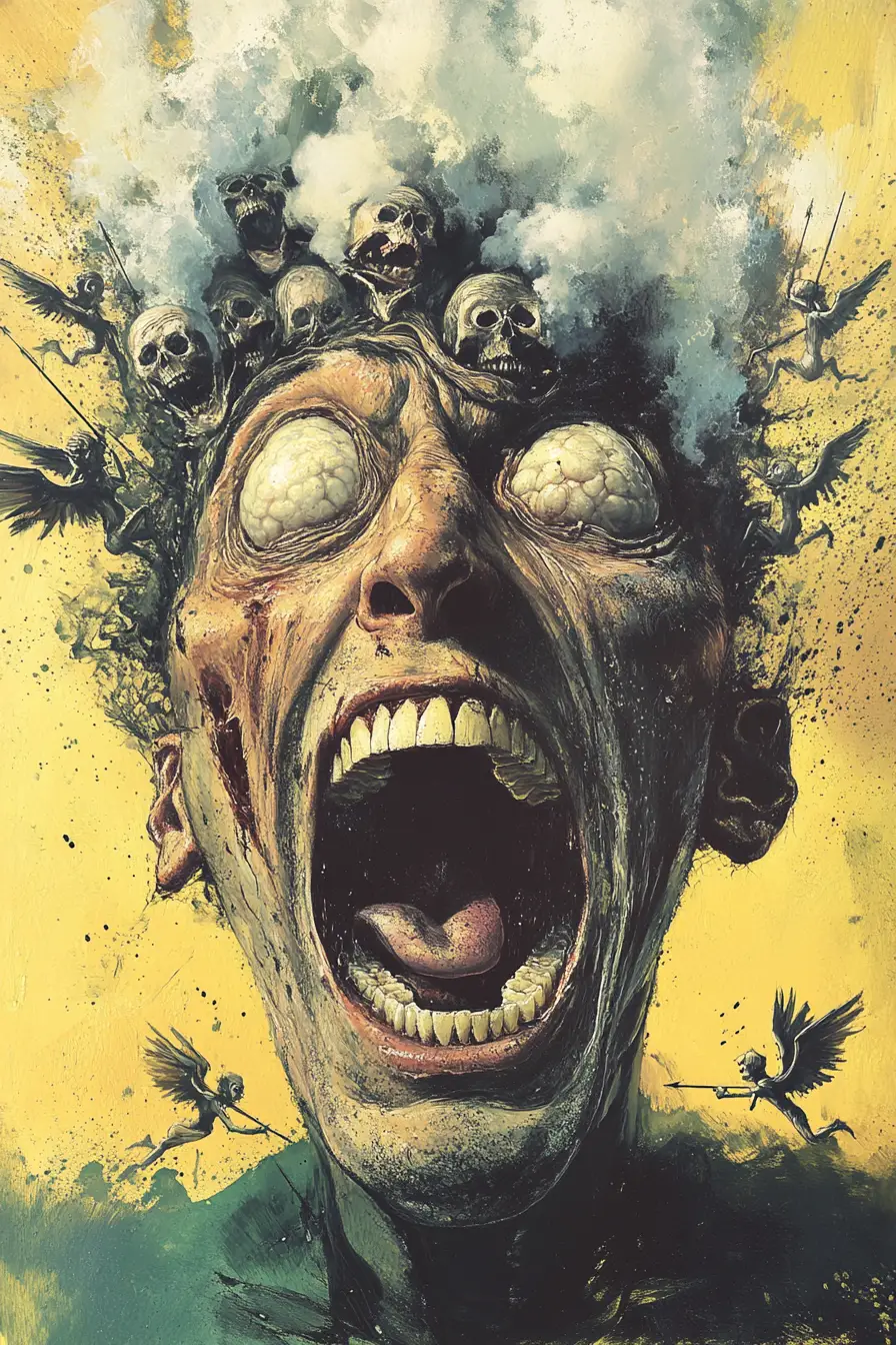 Surreal Distorted Head Vented With Steam And Bulging Eyes