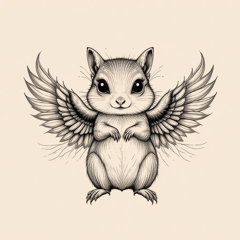 Minimalist tattoo of a chipmunk with graceful hawk wings