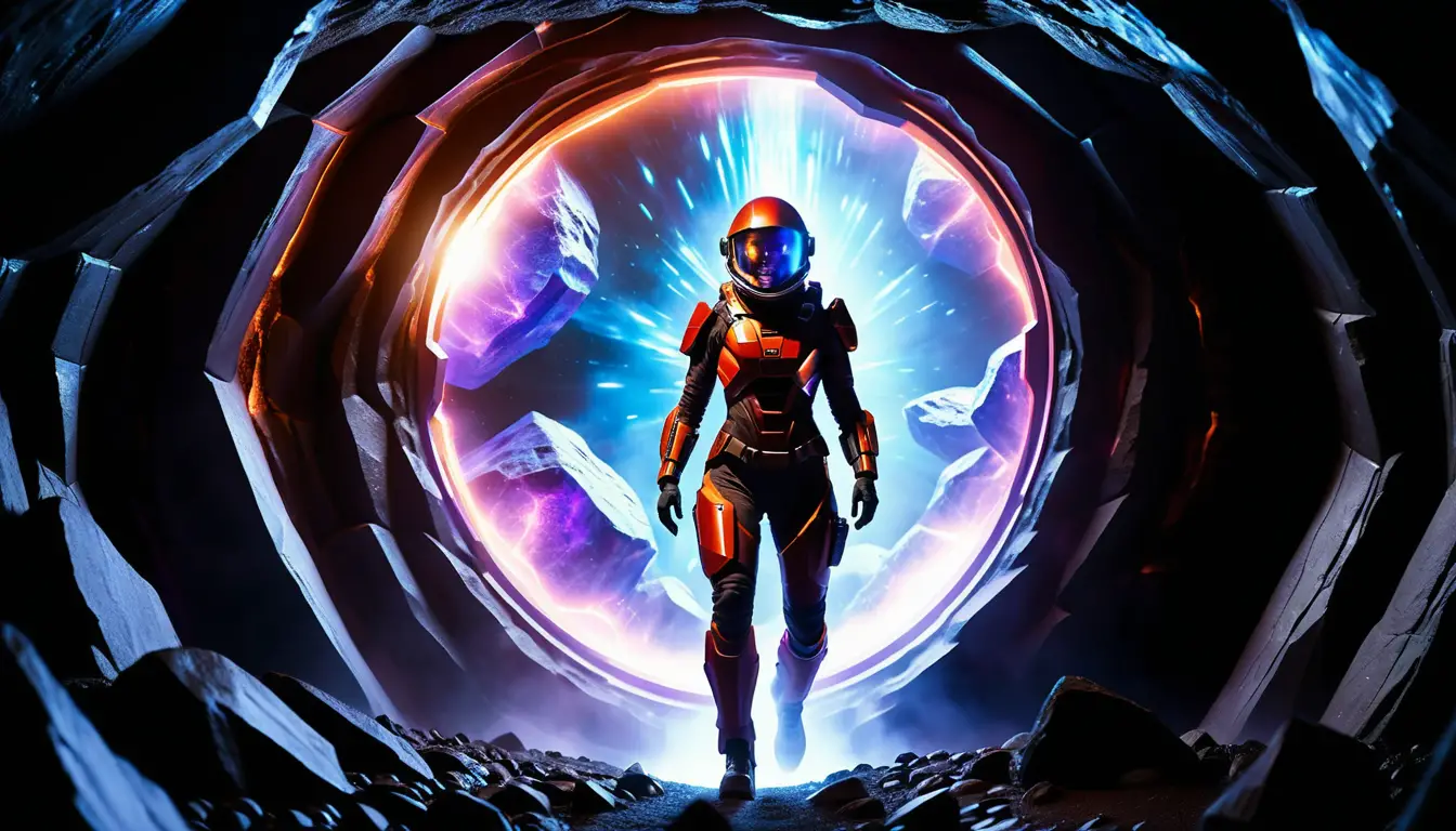 Woman in red spacesuit inside glowing energy sphere
