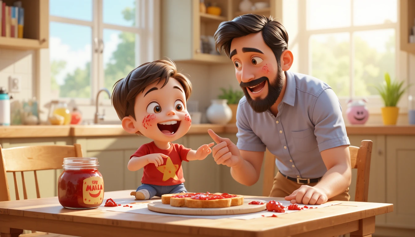 Playful boy with jammy fingers laughing at breakfast table
