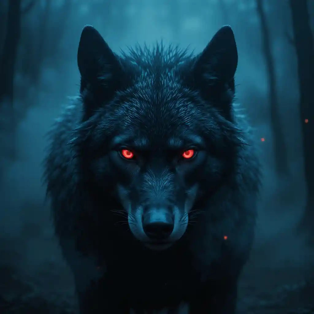 Dark Wolf With Red Eyes In Foggy Night Forest