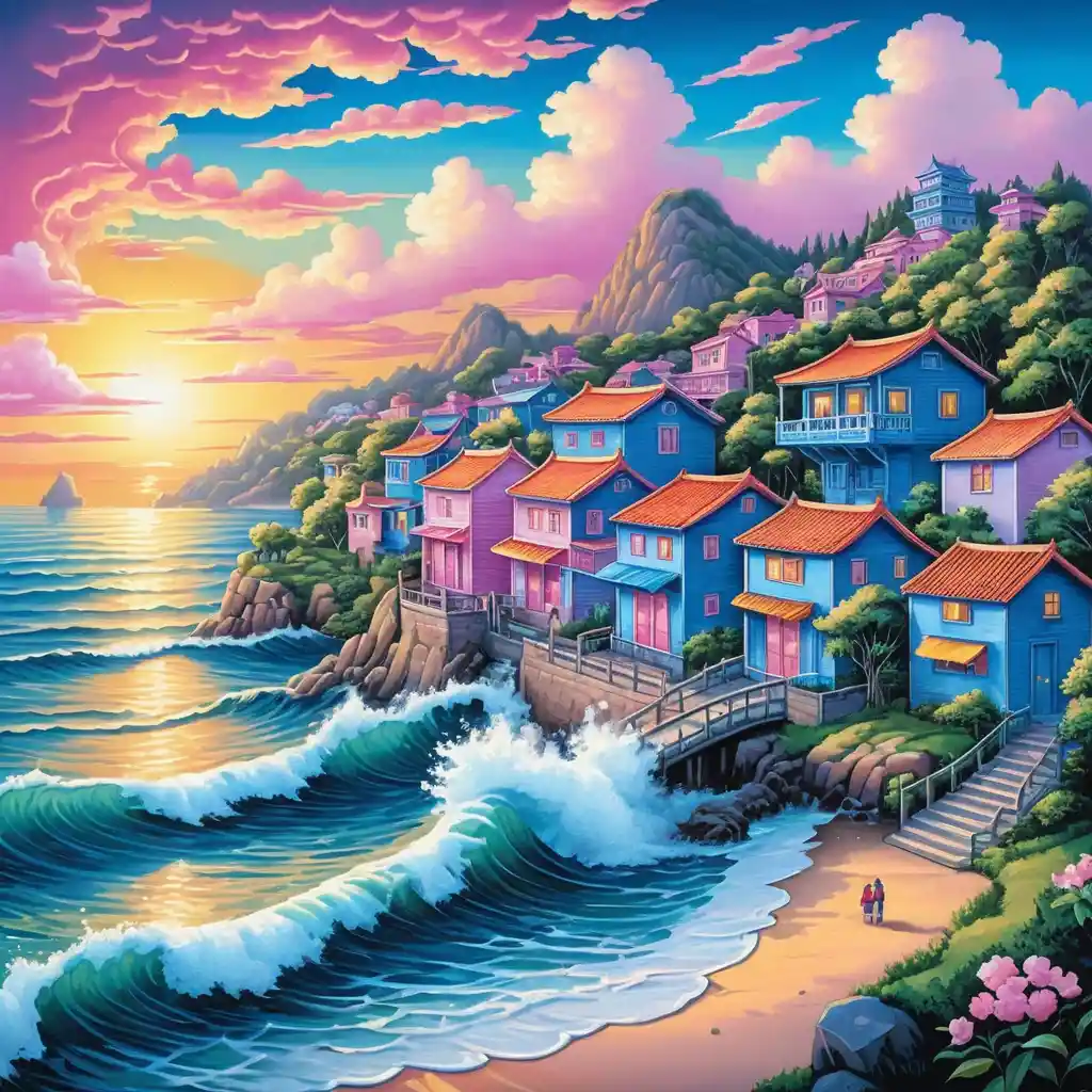 Colorful seaside town at sunrise in cartoon illustration