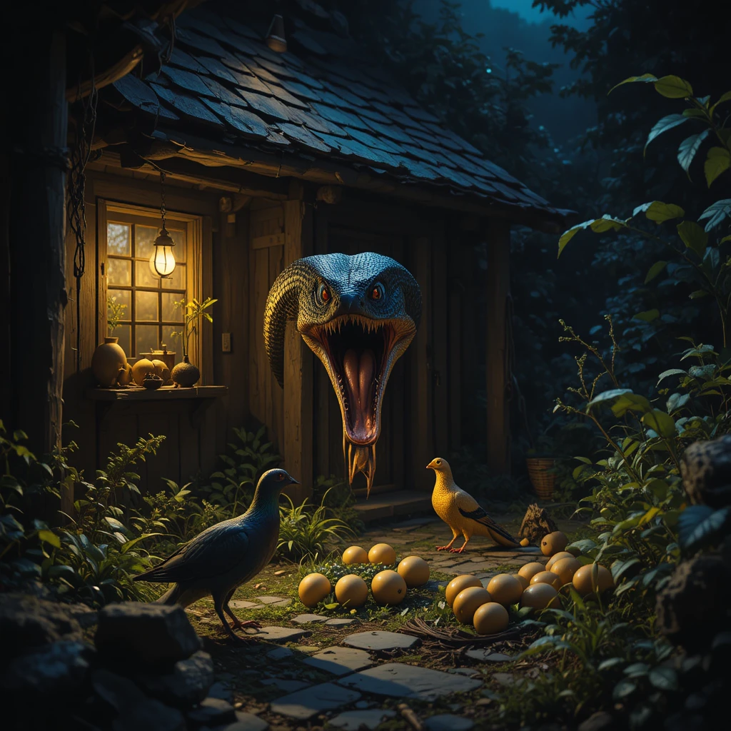 Snake Slithering Toward Golden Eggs In Village House Night