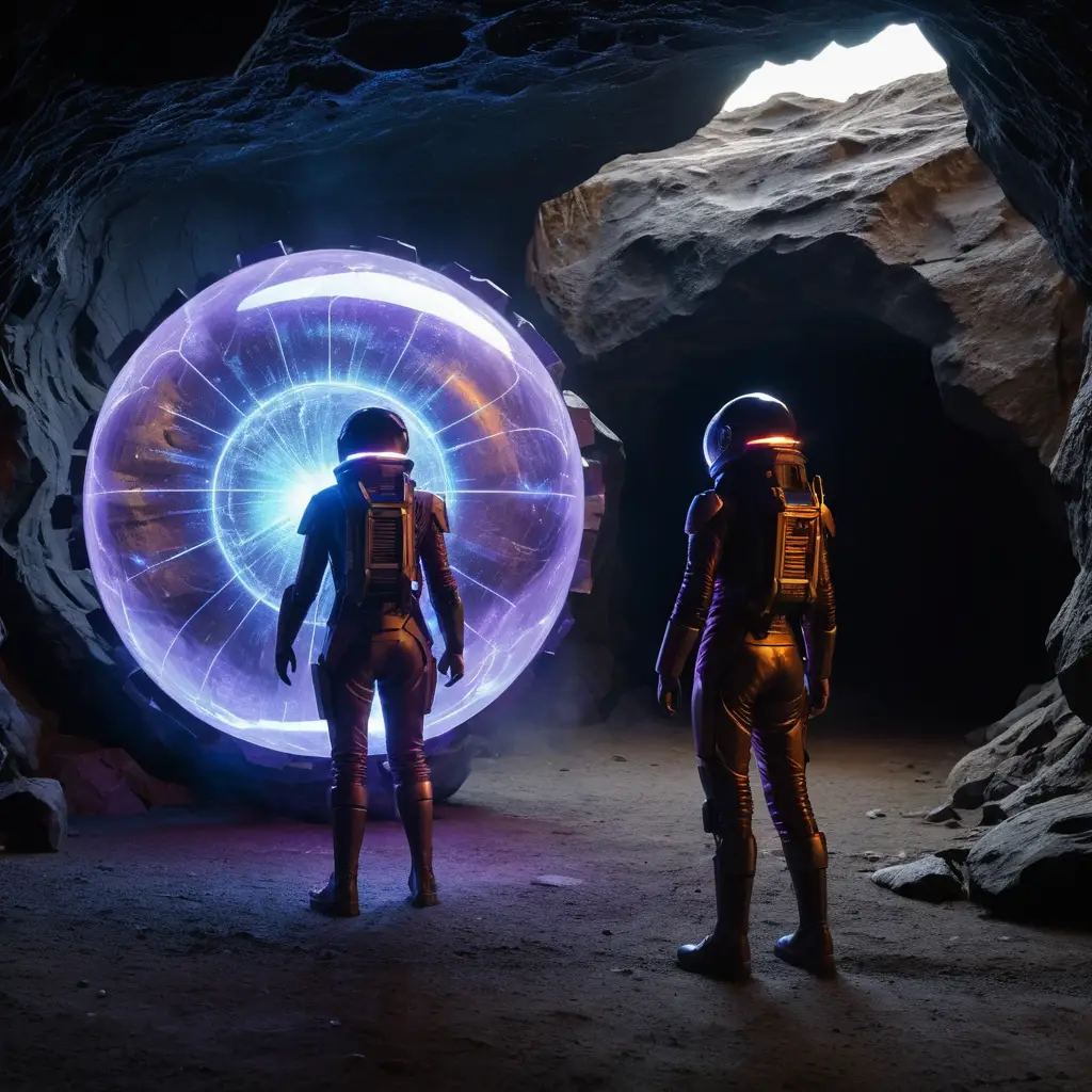 Woman in red spacesuit inside glowing energy sphere