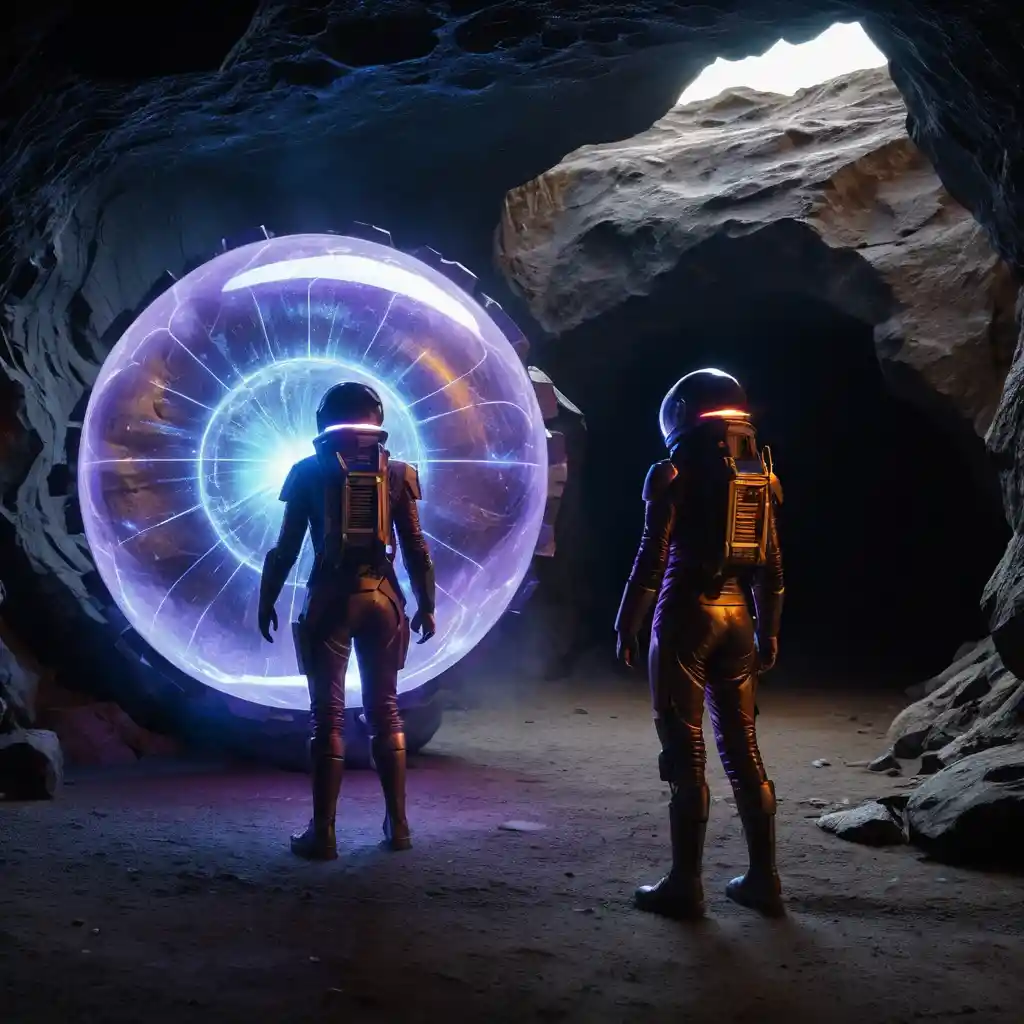 Woman in red spacesuit inside glowing energy sphere