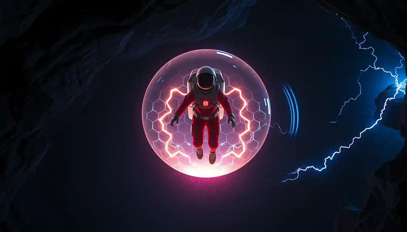 Female astronaut in glowing energy shield within cave