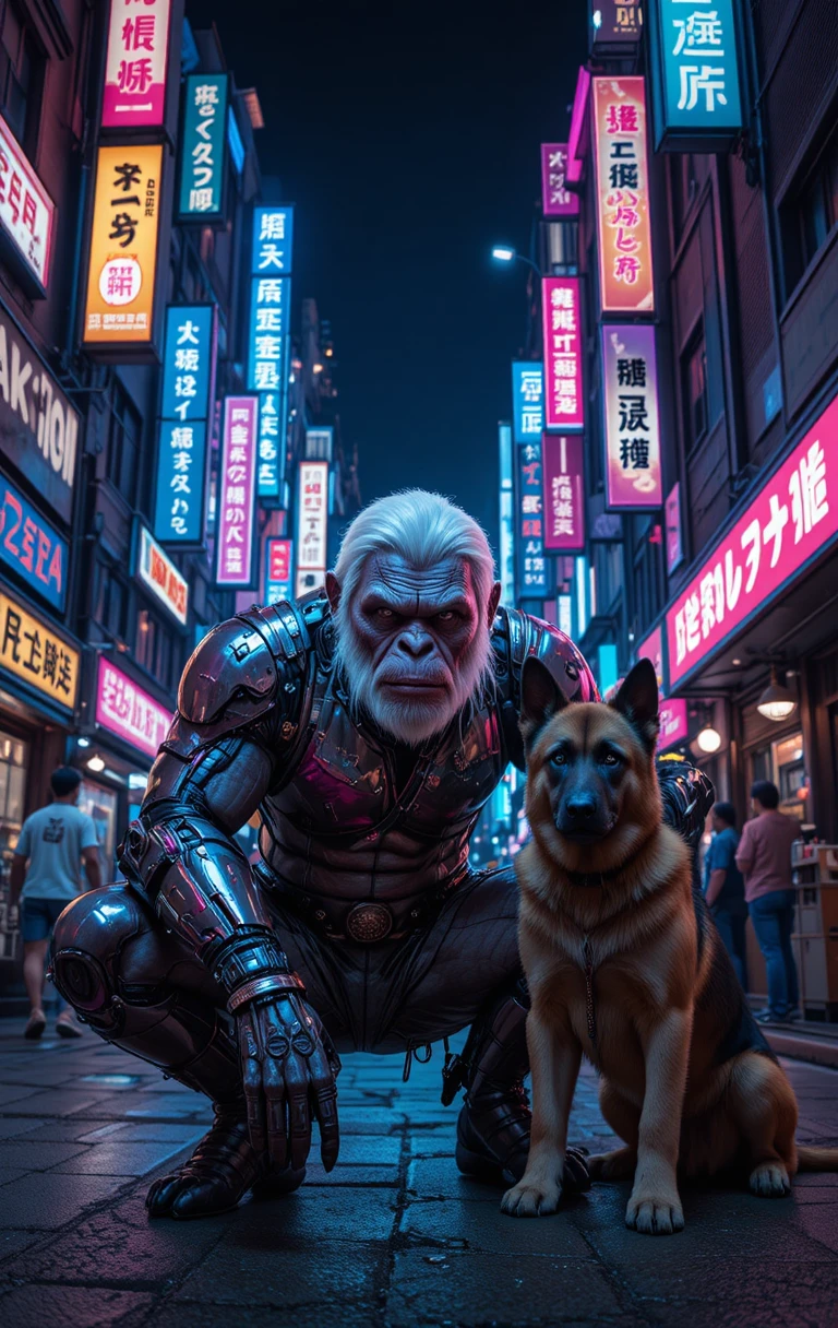 Kybernetischer Affe und Hund in neonbeleuchteter futuristischer Stadt