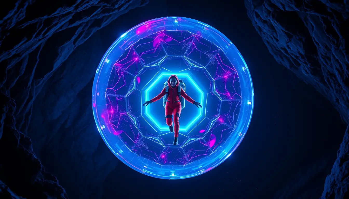 Woman in red spacesuit inside glowing energy shield