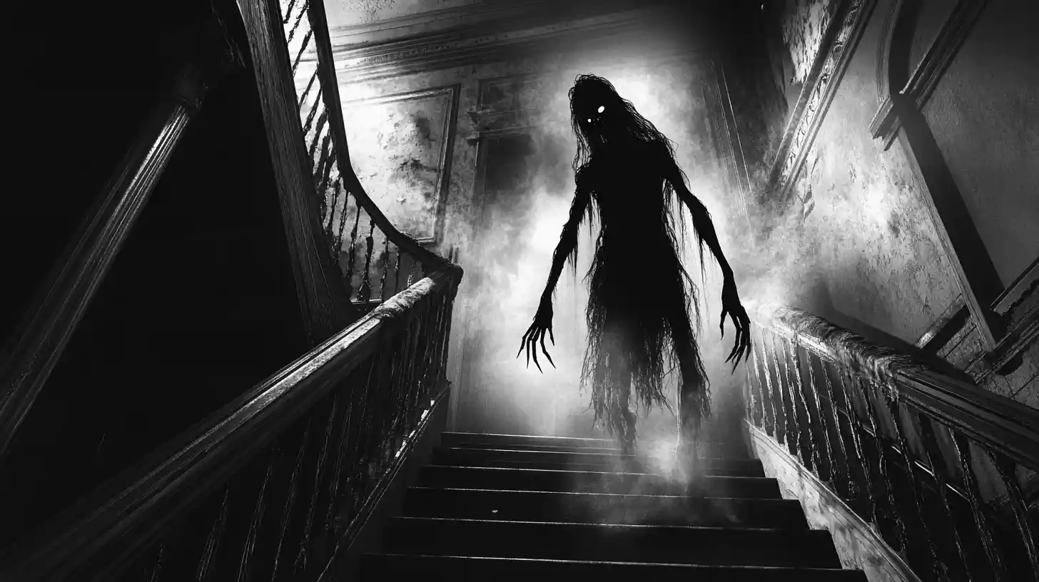 Lone explorer confronting ghost on mansion staircase
