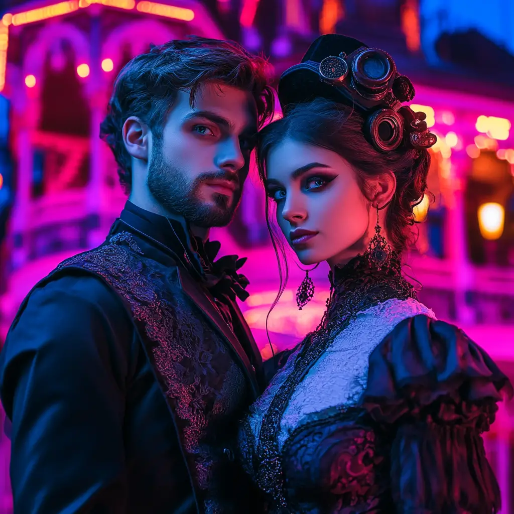 Romantic couple before neon lit victorian steampunk mansion
