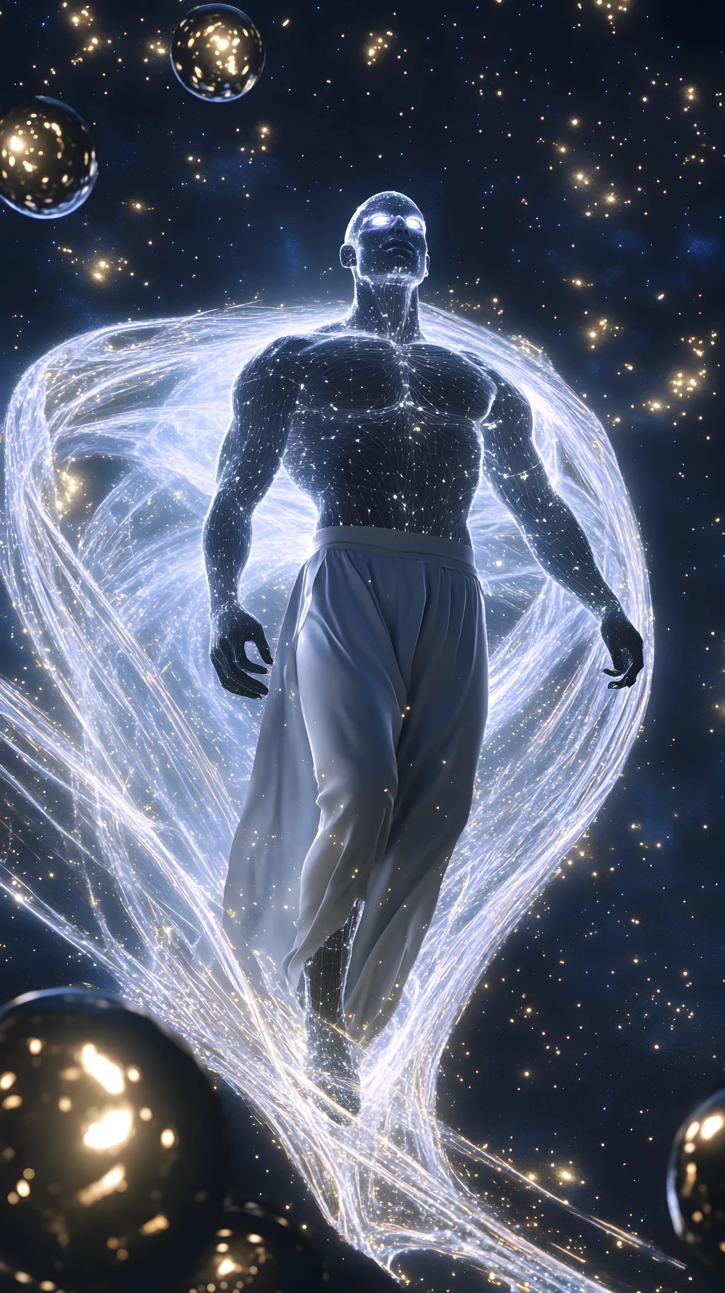 Serene cosmic male figure rising amid glowing stardust