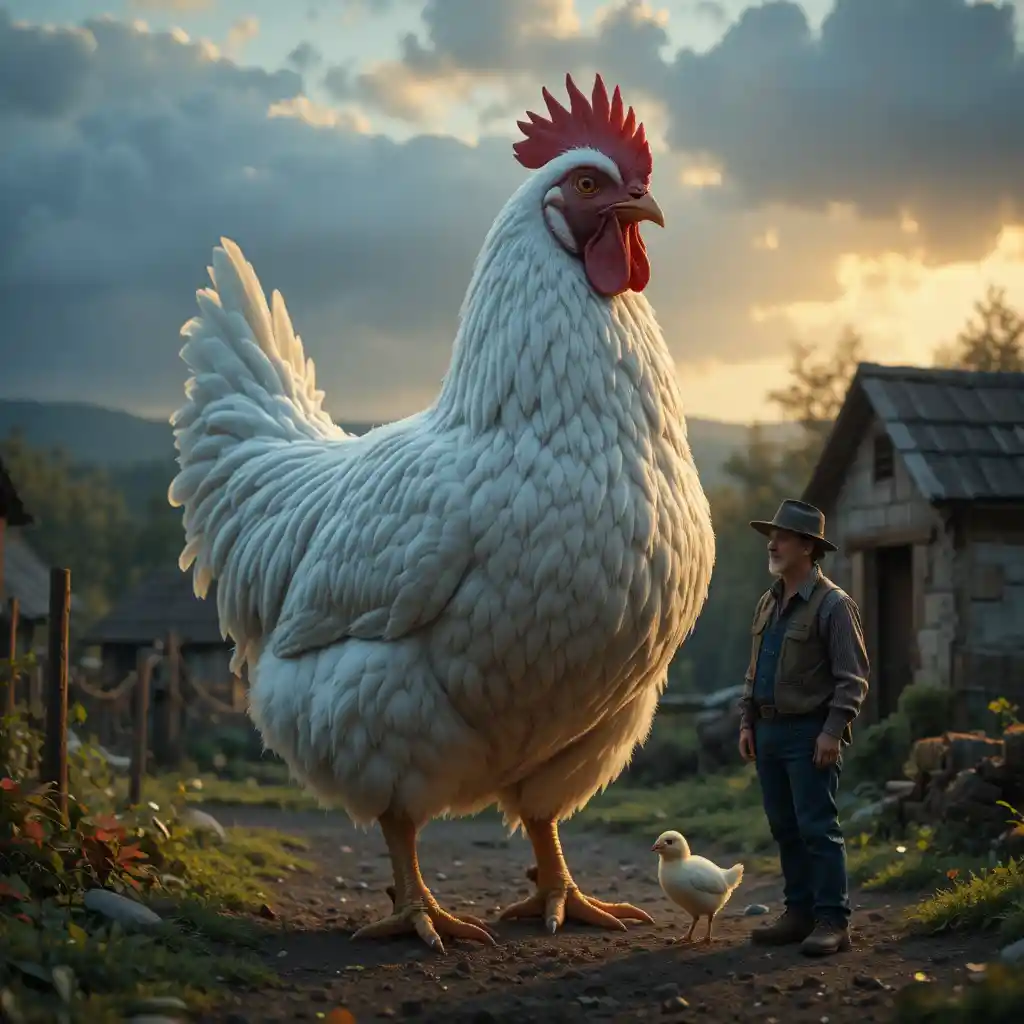 Sad white hen crying beside farmer on rural farm