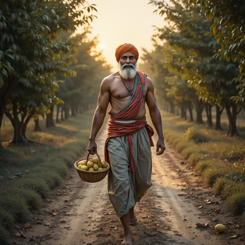 Indian farmer walking along village road at warm sunset