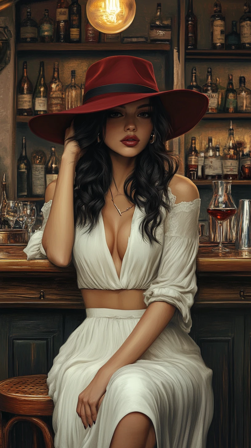 Young woman in red hat sitting thoughtfully at vintage bar