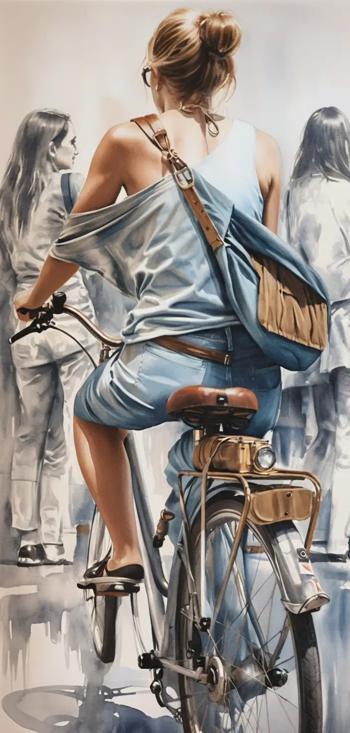 Blonde woman on city bike viewed from behind in summer