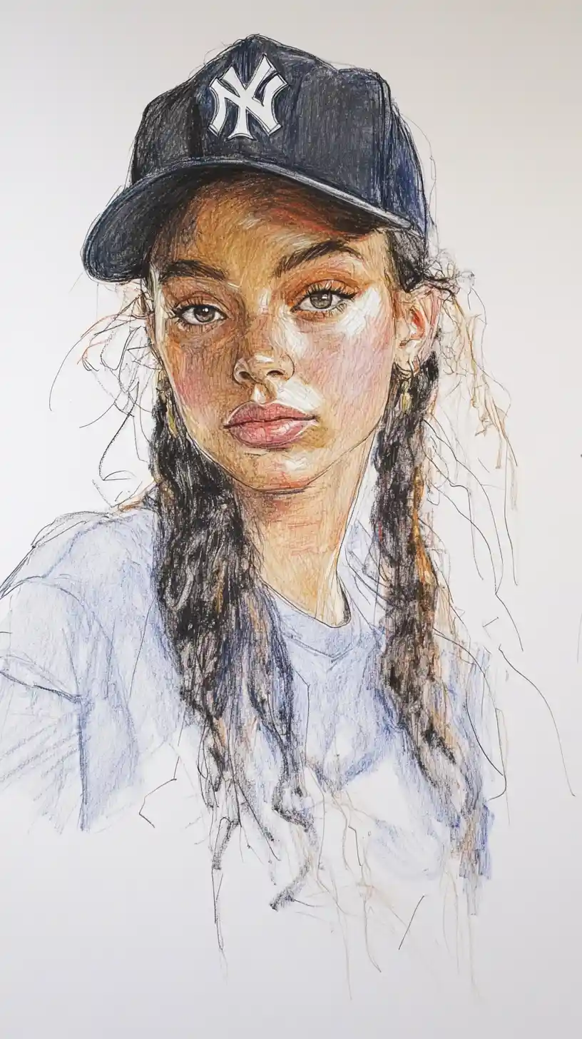 Mixed media portrait of a girl in a baseball cap