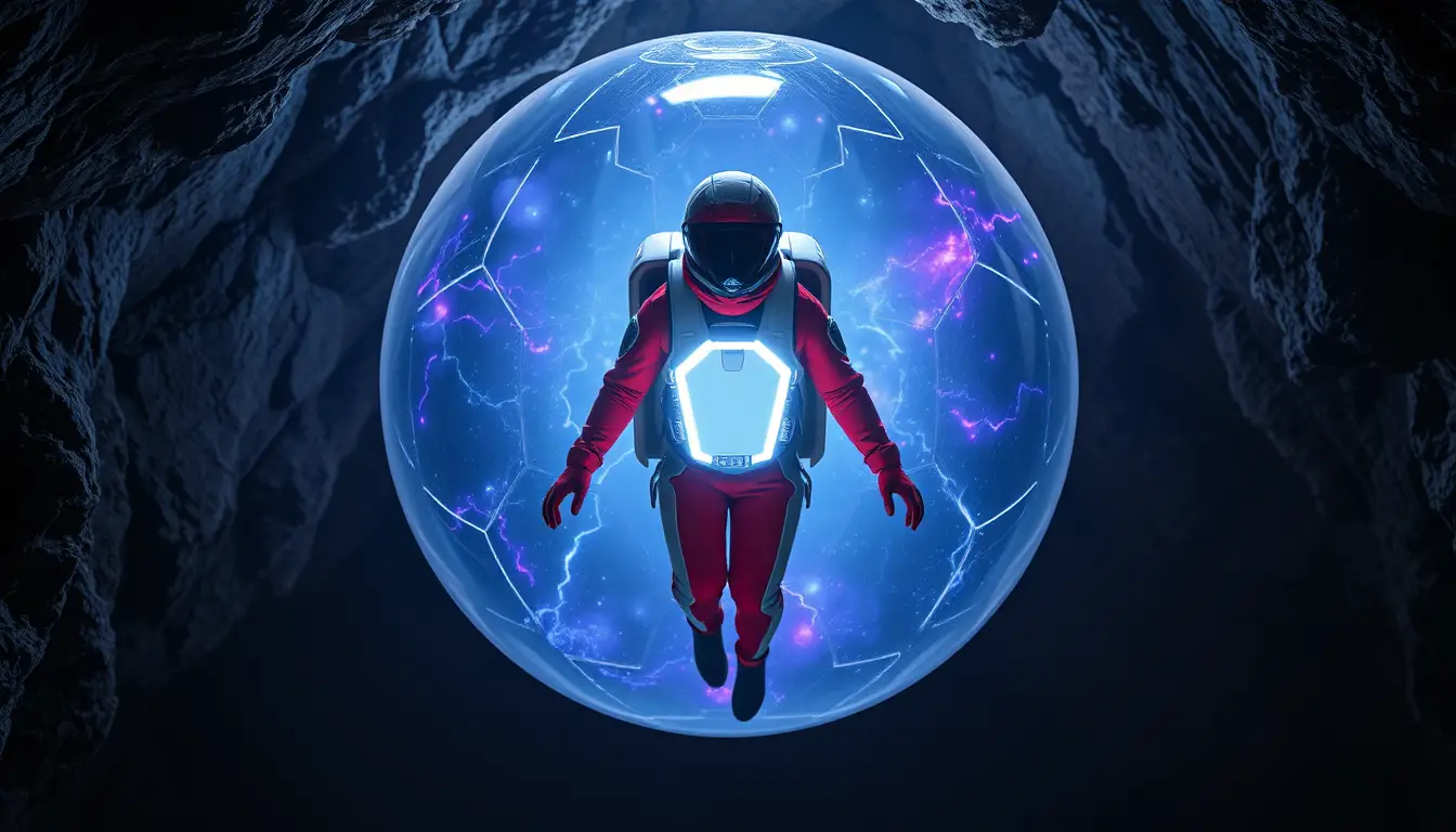 Woman in red spacesuit inside glowing energy shield