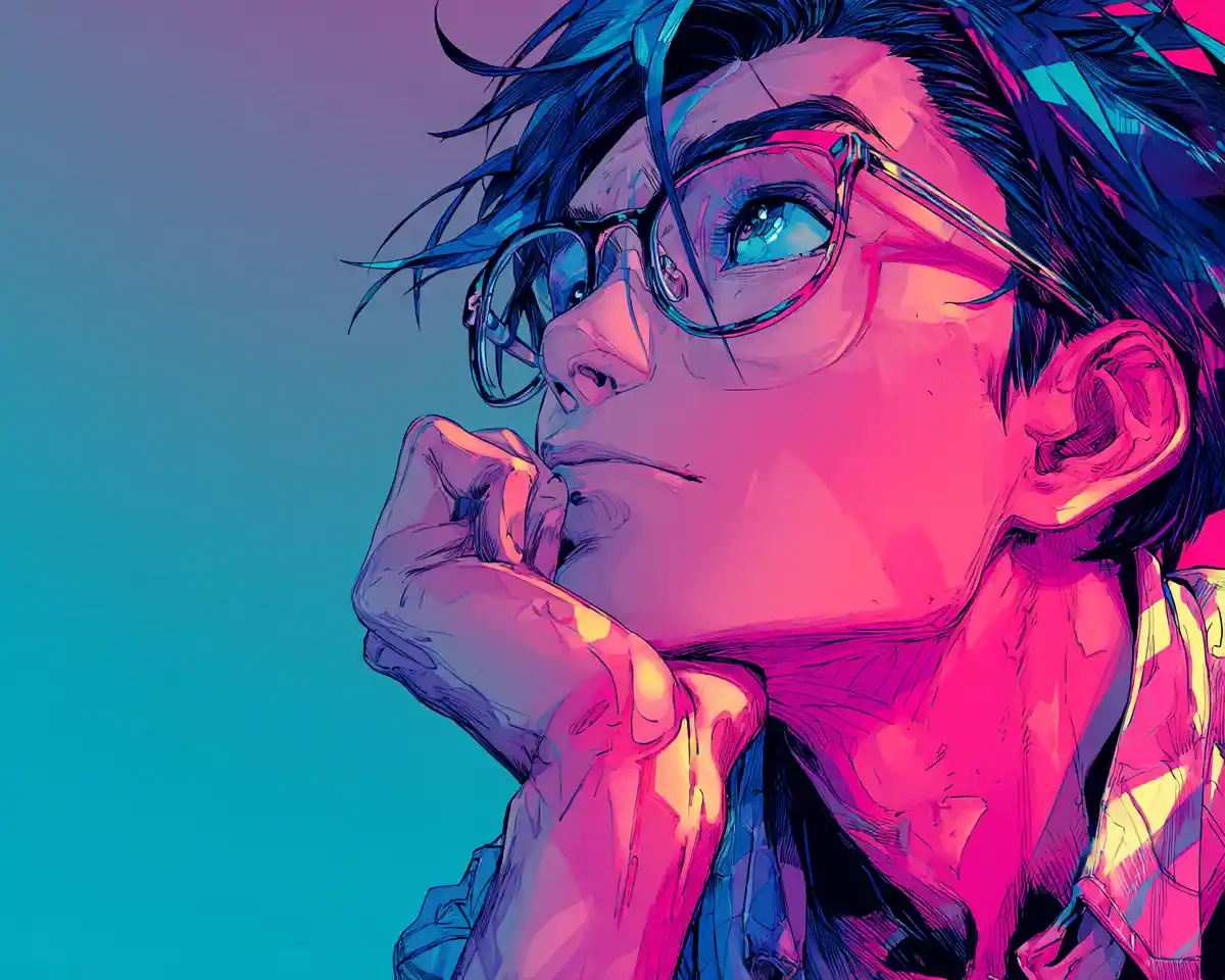 Hombre de anime contemplativo sentado de perfil en un taburete