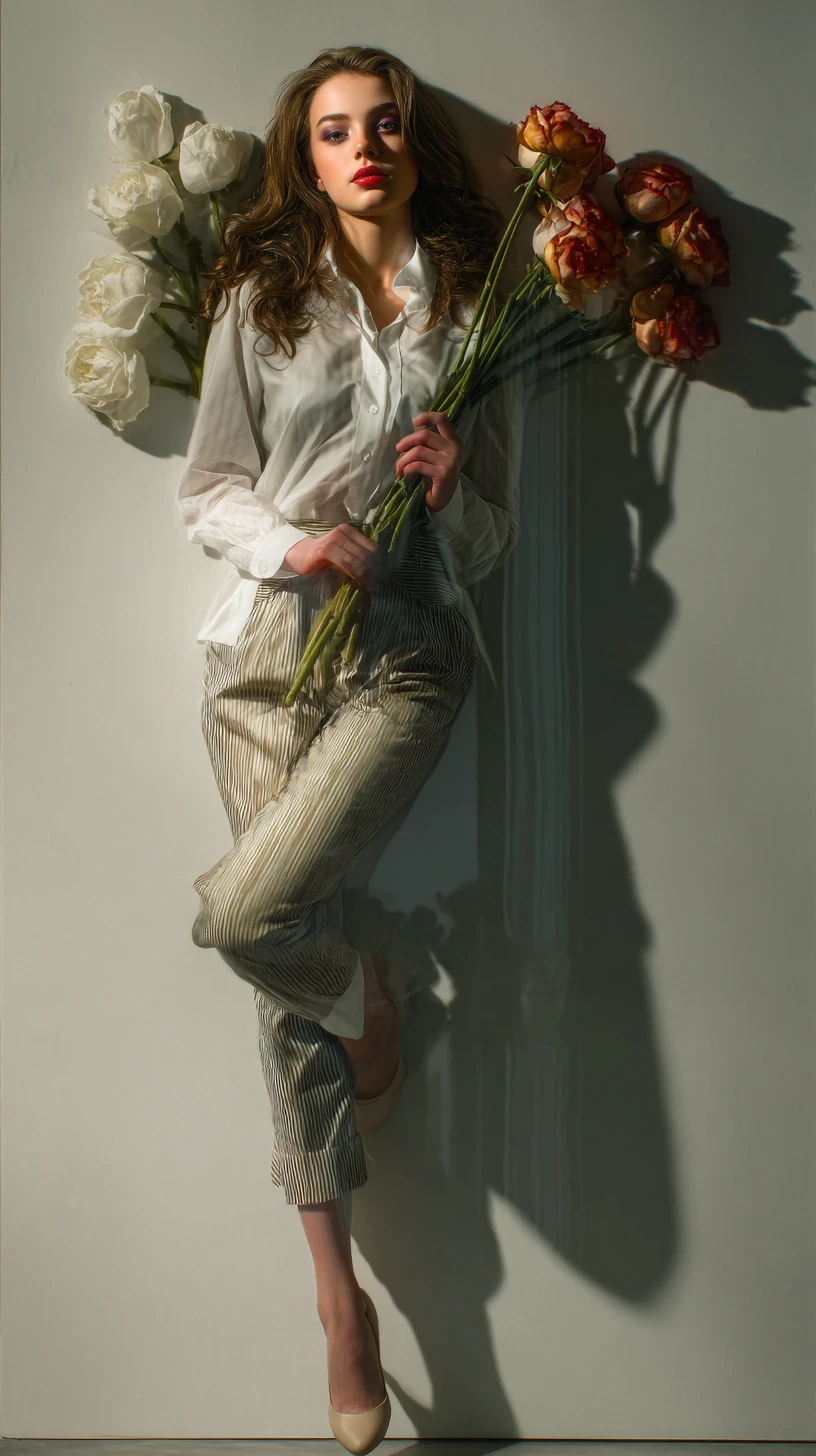 Hyperrealistic brunette woman leaning against an indoor wall