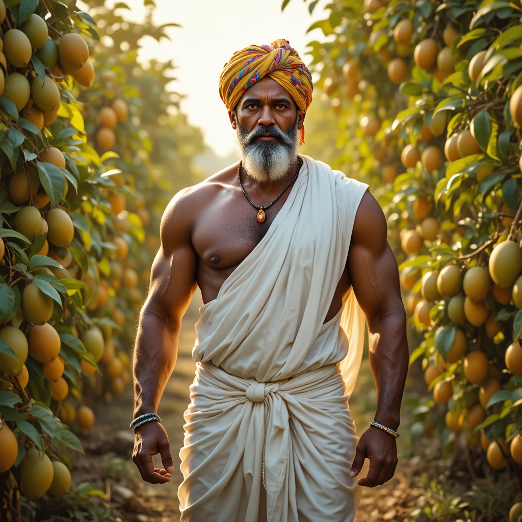 Fuerte agricultor indio de pie en un soleado huerto de mangos