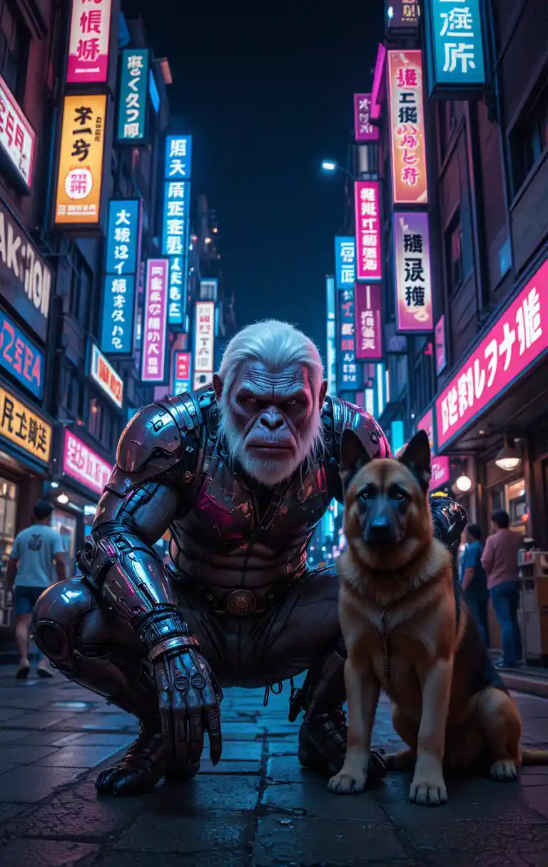 Kybernetischer Affe und Hund in neonbeleuchteter futuristischer Stadt