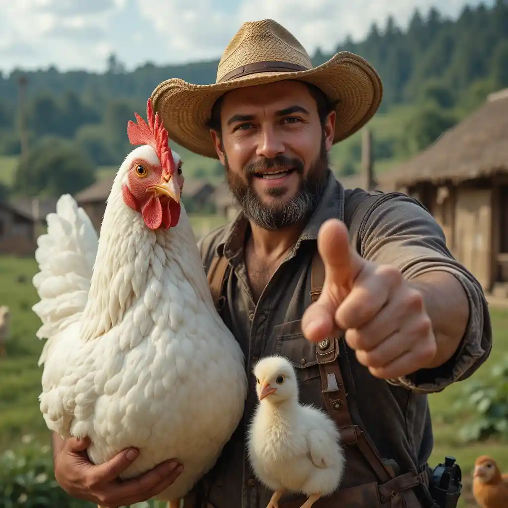 Farmer With Giant White Hen And Chick In Village Scene
