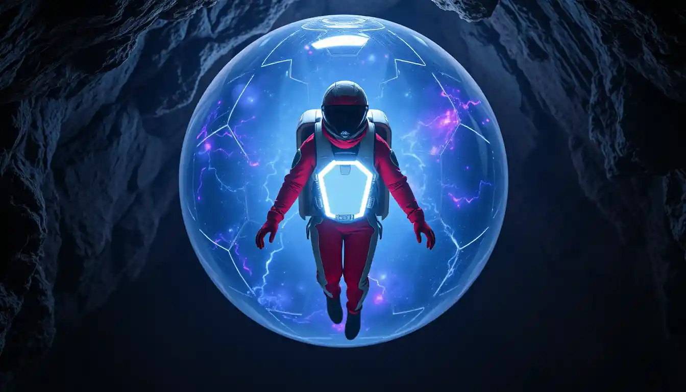 Woman in red spacesuit inside glowing energy shield