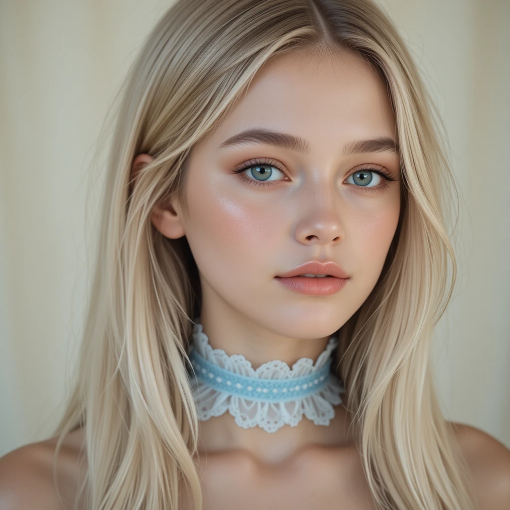 Serene close up portrait of blonde girl with lace choker