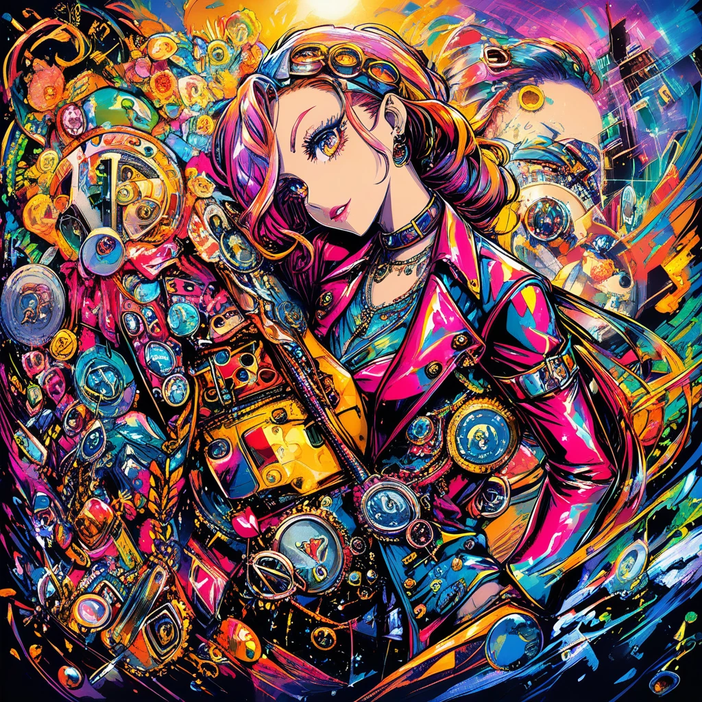 Steampunk girl in neon colors in sun or rainy weather