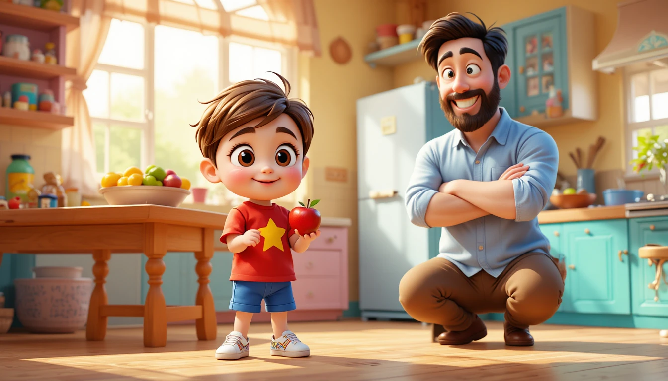 Little boy hiding his apple as papa smiles nearby