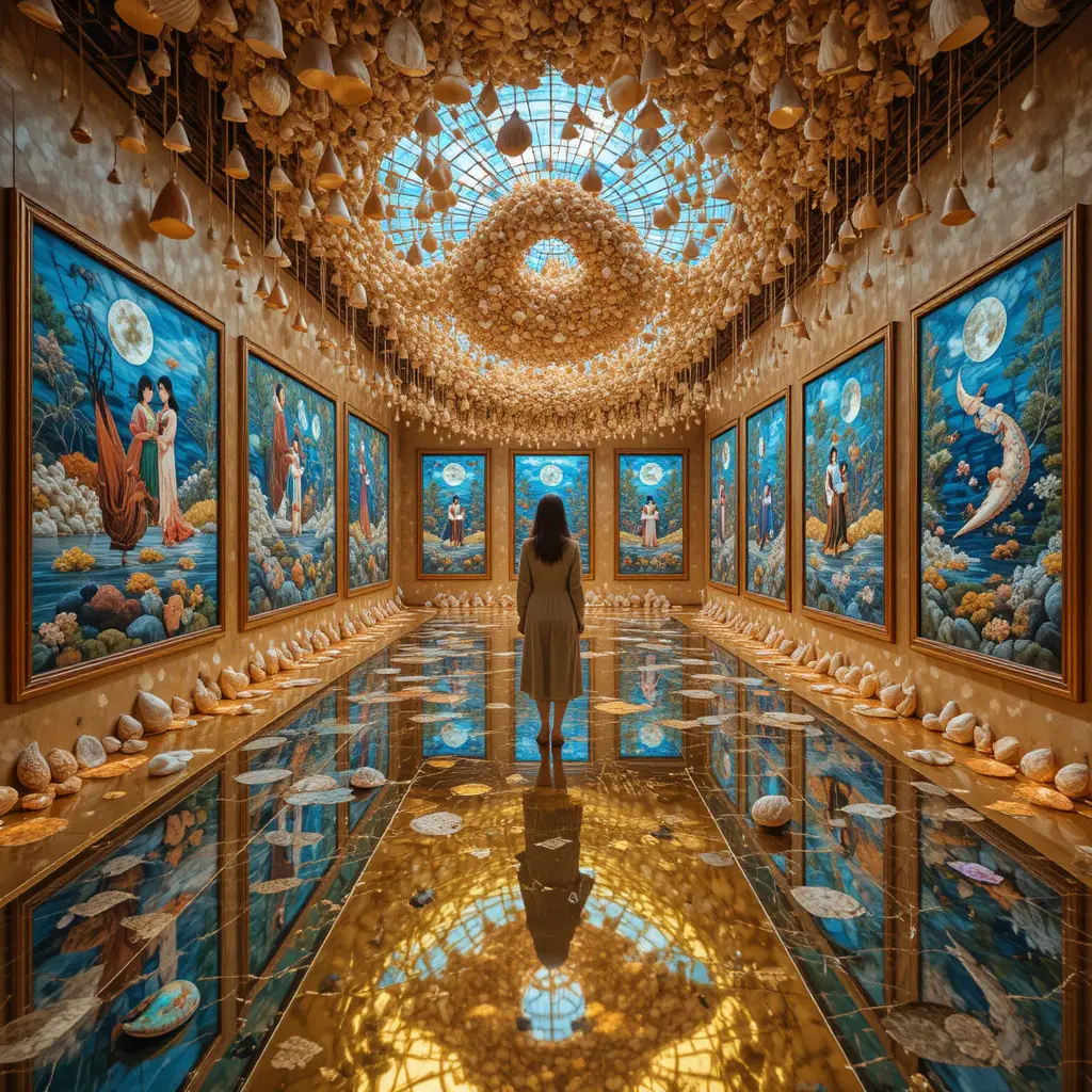 Visitors enter a reflective gold floor installation in an art gallery