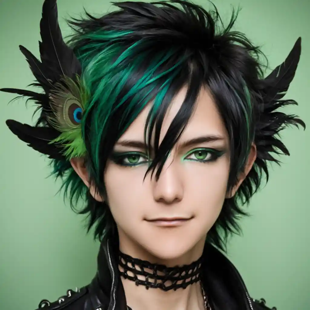 Anime vampire draconic man with black and green hair