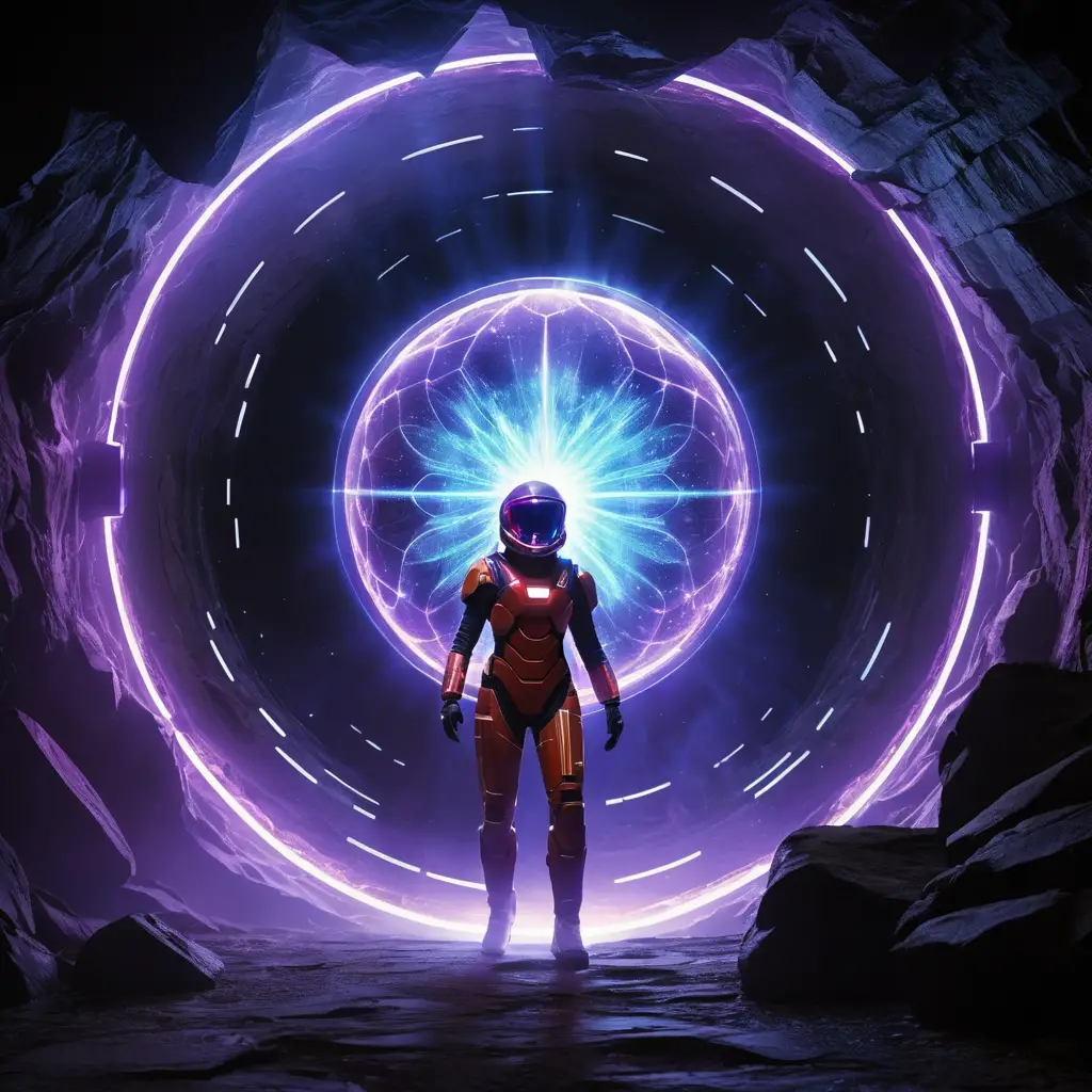 Woman in red spacesuit inside glowing energy shield