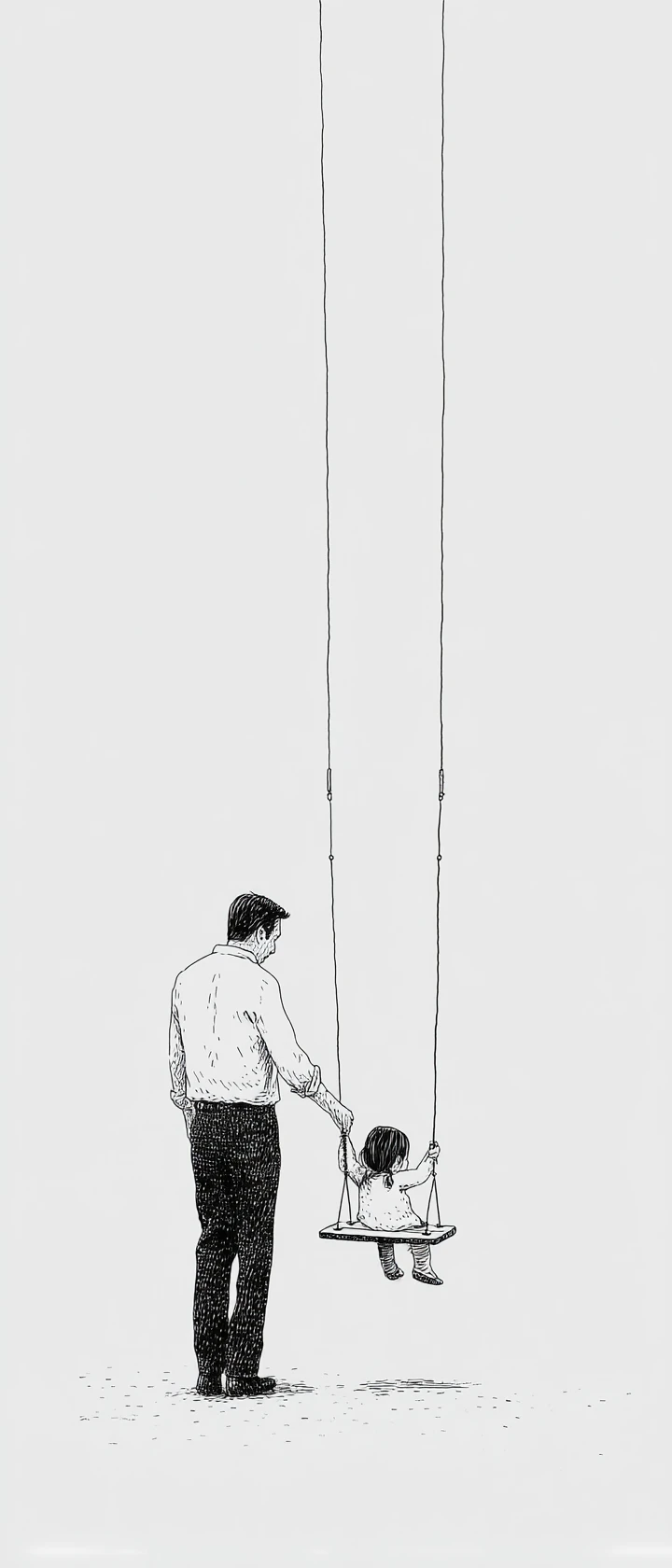 미니멀한 황혼 풍경에서 빈 그네를 미는 아버지