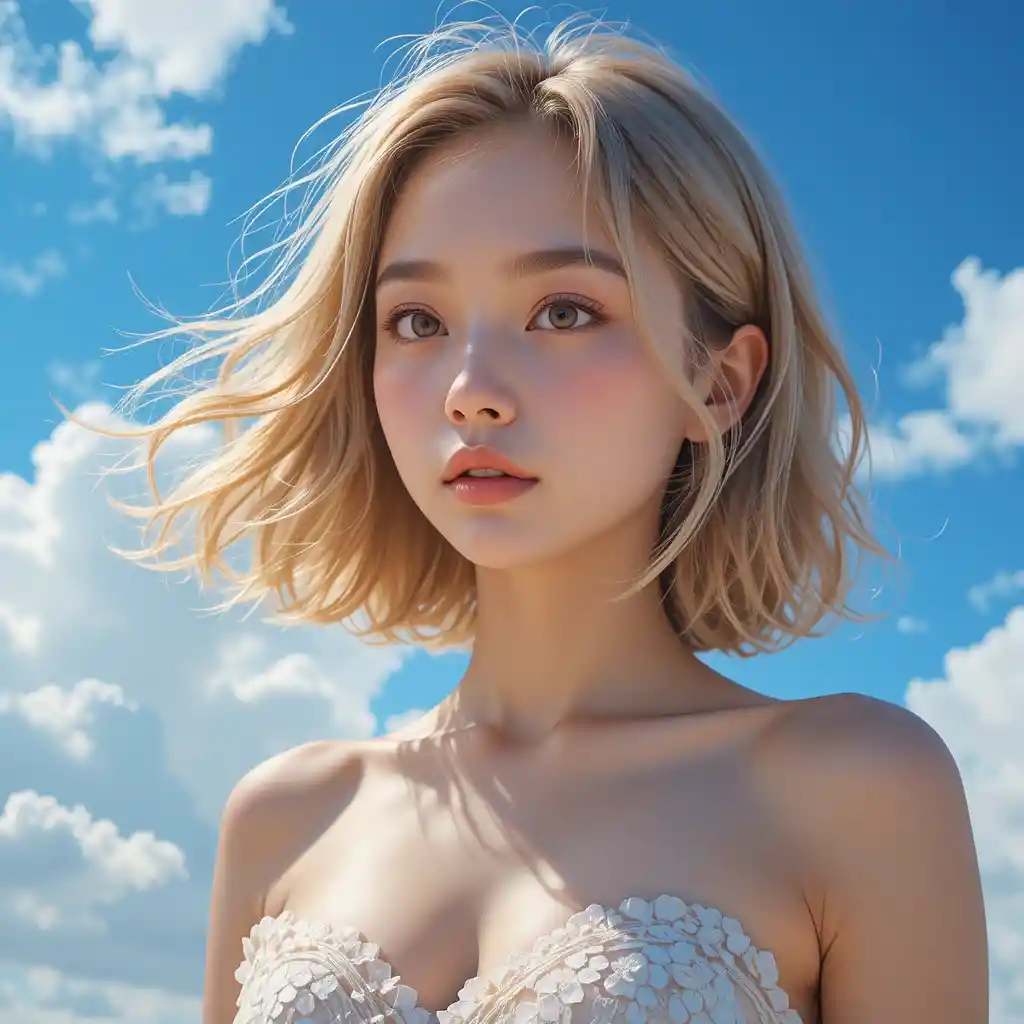 Sanftes Anime-Porträt eines Mädchens unter strahlend blauem Himmel