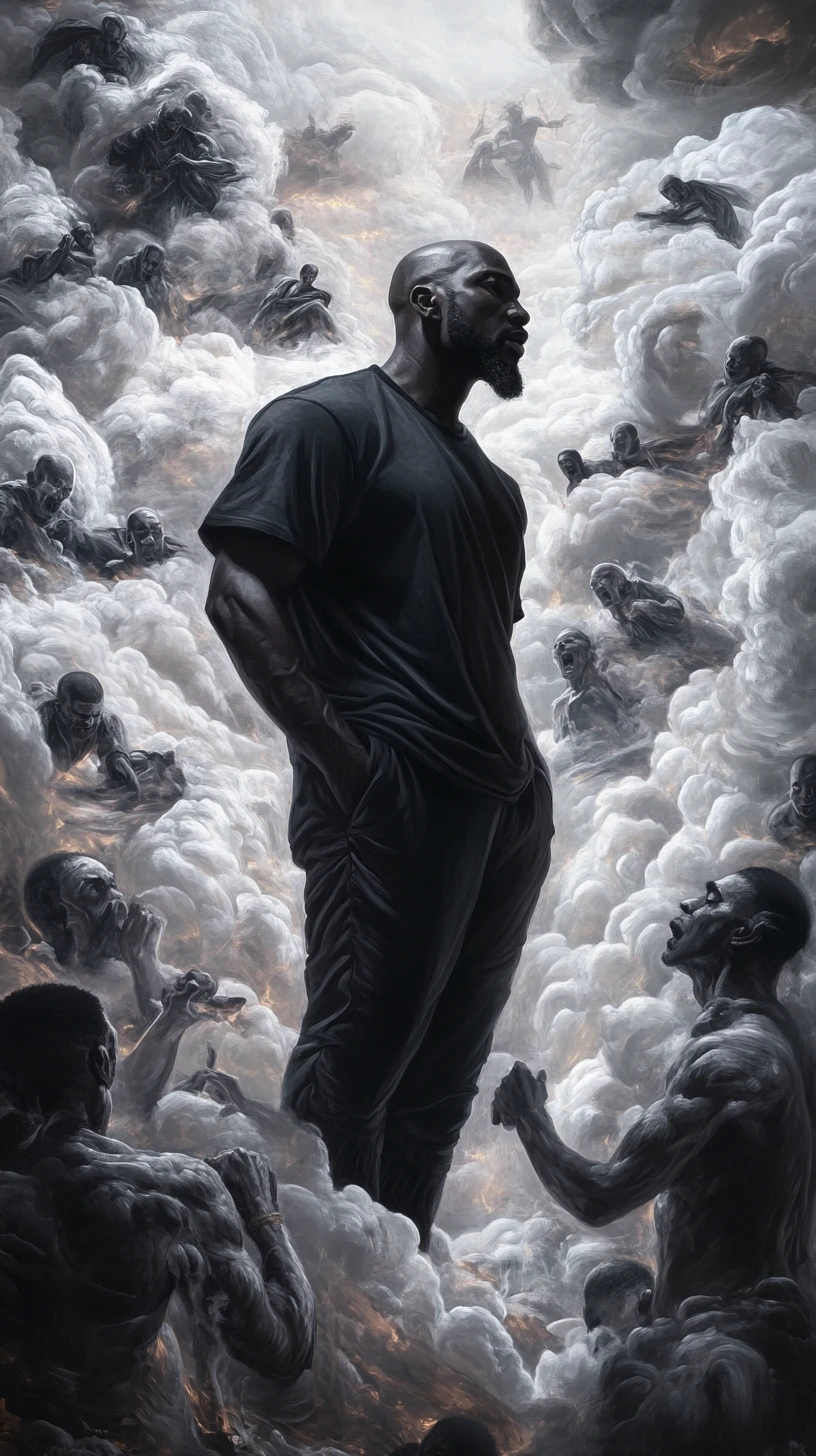 Homme puissant et divinité sombre au‑dessus du chaos humain frénétique