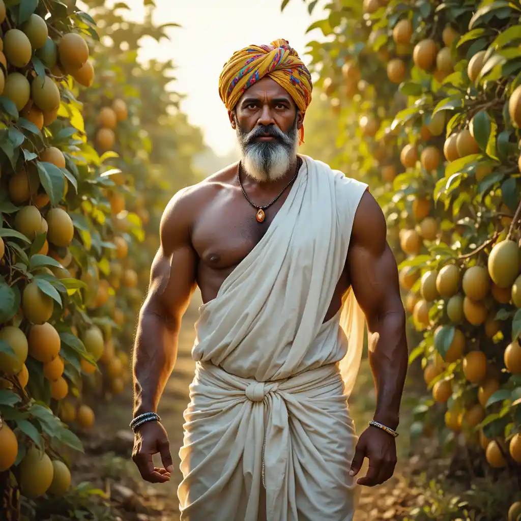 Fuerte agricultor indio de pie en un soleado huerto de mangos