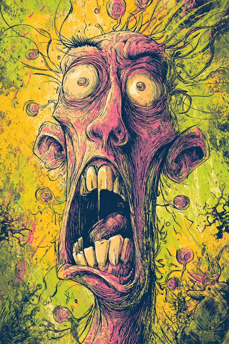 Surreal Distorted Head With Exploding Comic Chaos